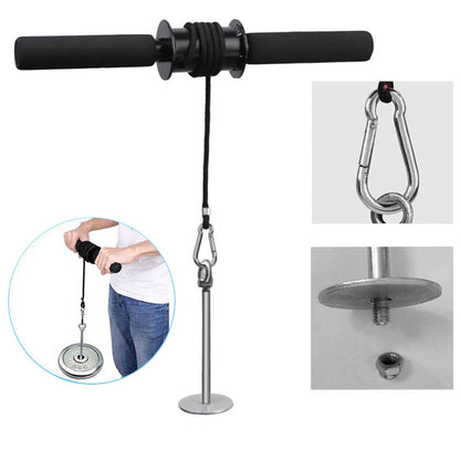 Black and silver adjustable stand with carabiner and weight plate attachments on a white background.