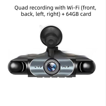 Car dashboard camera with Wi-Fi capability and 64GB card on a white background