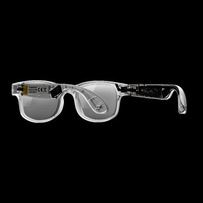 Clear smart glasses with a black background