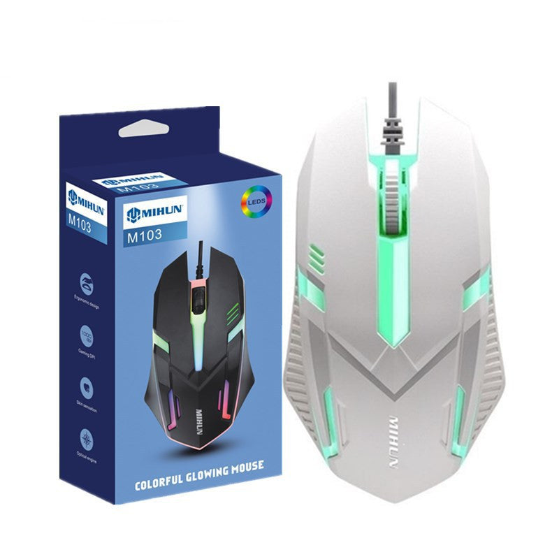 White gaming mouse with colorful LED lights next to its packaging on a white background