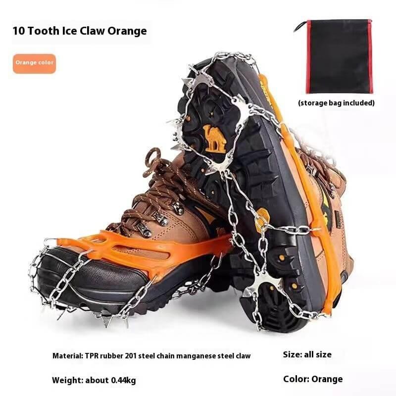 Orange ice cleats with 10 steel spikes, anti-slip design for outdoor boots, includes storage bag.