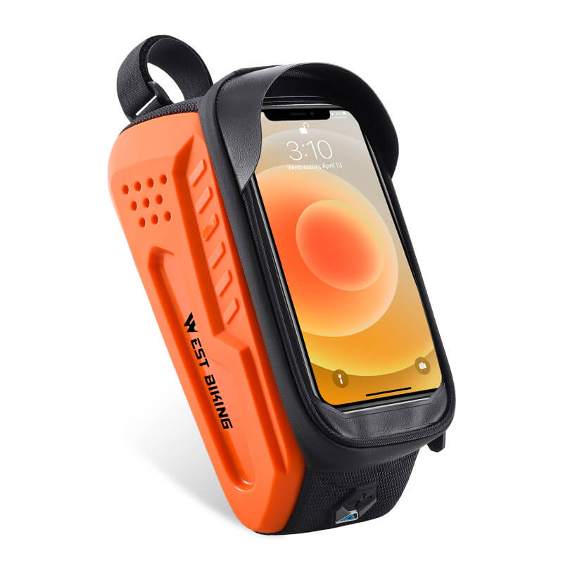 Orange and black phone armband with a smartphone displaying a colorful screen on a white background