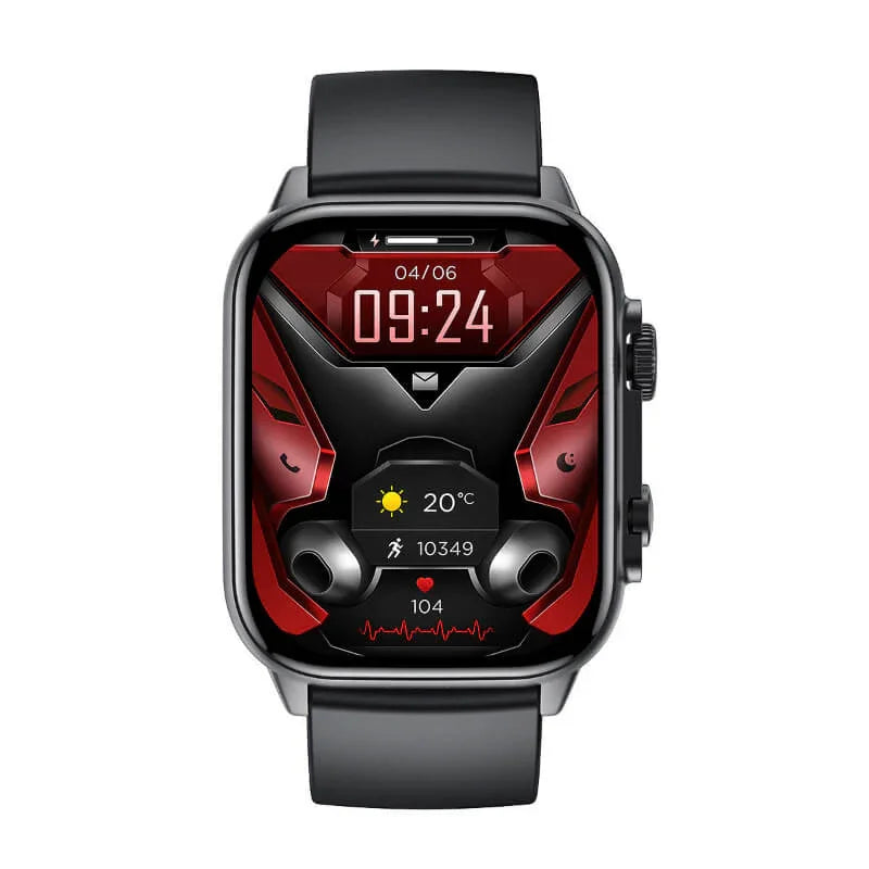 Black fitness smartwatch with a vibrant red digital display showing time, weather, steps, and heart rate.
