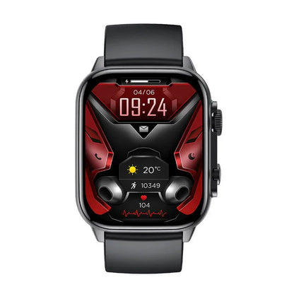 Black fitness smartwatch with a vibrant red digital display showing time, weather, steps, and heart rate.