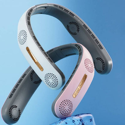 Two neckband fan, one gray and one pink, on a blue background.