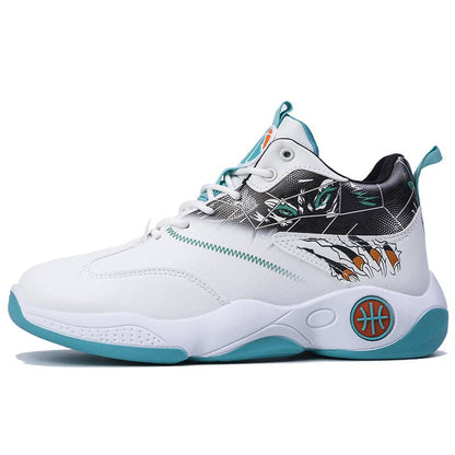 White sneaker with black, green, and blue accents on a white background