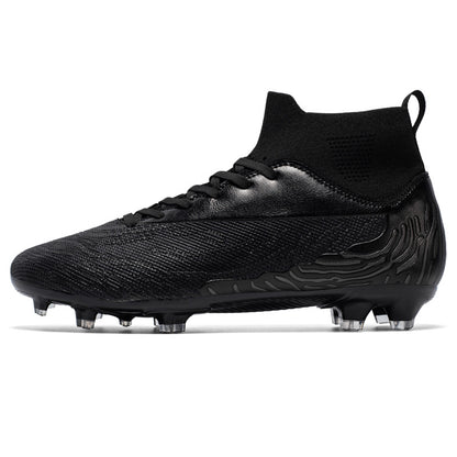 Black soccer cleat on a white background
