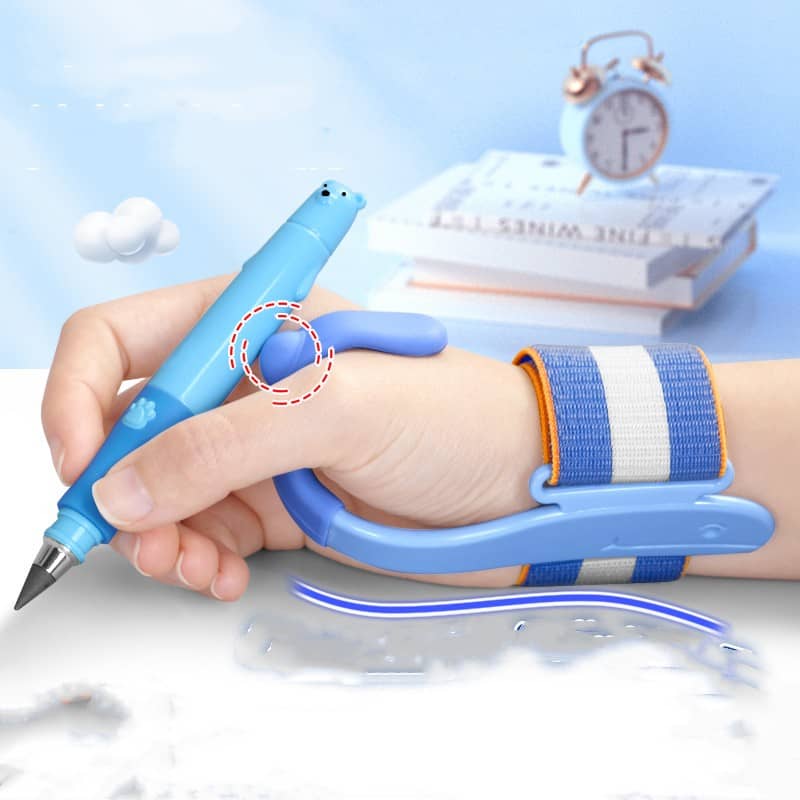 Hand holding a blue pen with a focus on the writing tip against a light blue background.