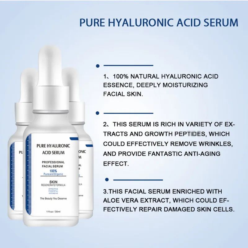 Three bottles of Pure Hyaluronic Acid Serum displayed on a light blue gradient background with descriptive text highlighting its natural hyaluronic acid essence, anti-aging benefits, and aloe vera extract.