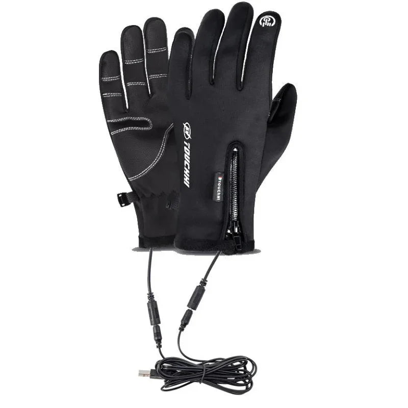 Black heated gloves with USB cable on a white background