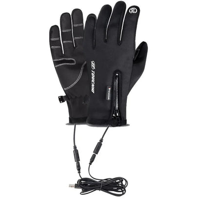 Black heated gloves with USB cable on a white background