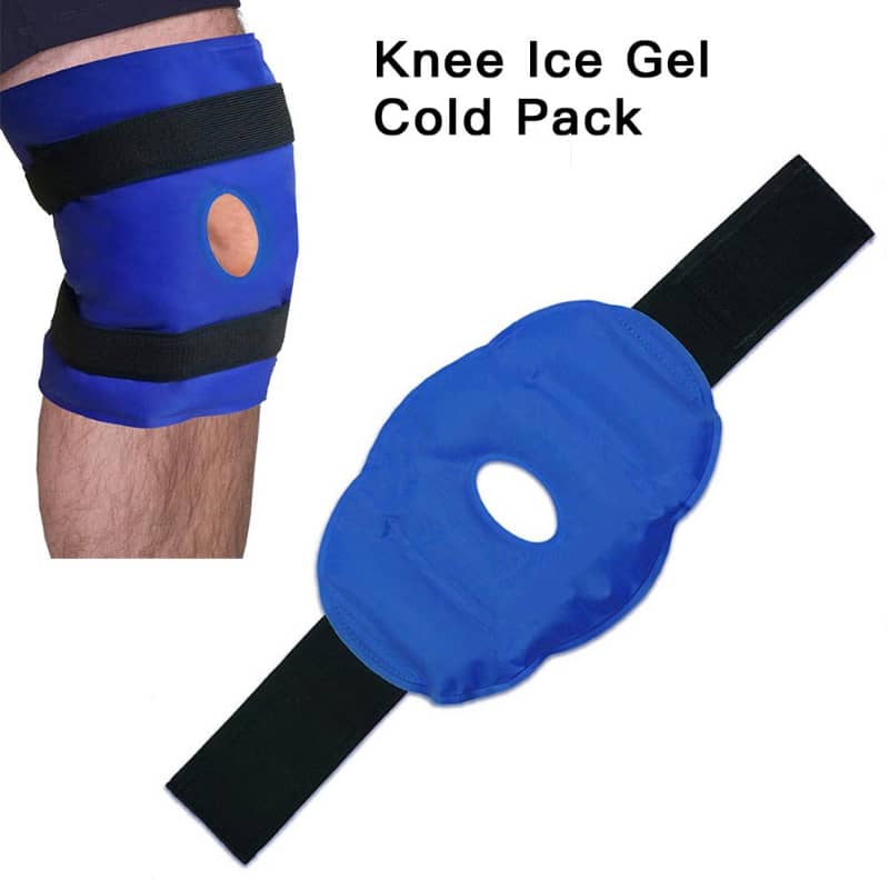 Knee ice gel cold pack with a blue cover and black straps on a white background.