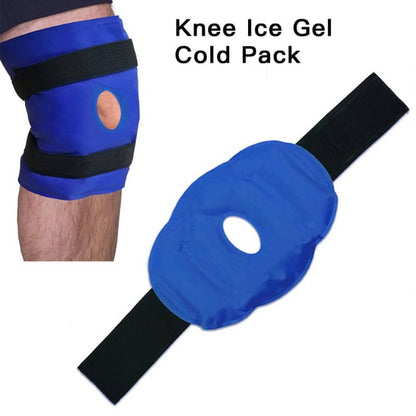 Knee ice gel cold pack with a blue cover and black straps on a white background.