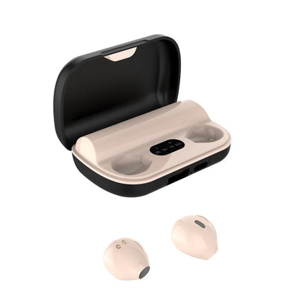 Beige wireless earbuds with black charging case on a white background