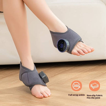 Person wearing a foot device with digital display on a wooden floor.
