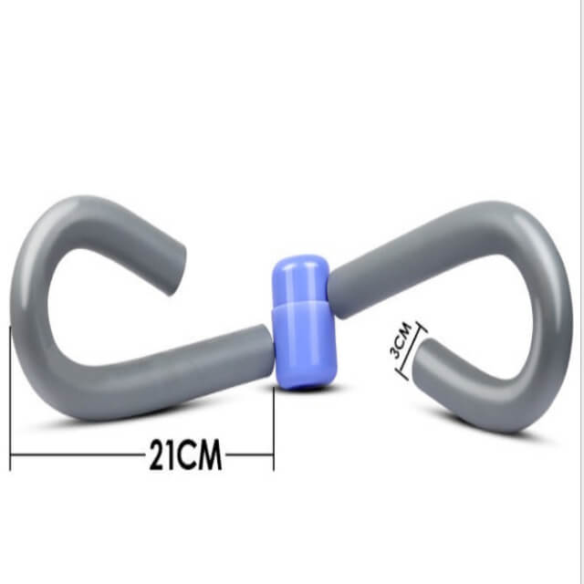 Gray and blue resistance band with measurement details on a white background