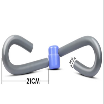 Gray and blue resistance band with measurement details on a white background