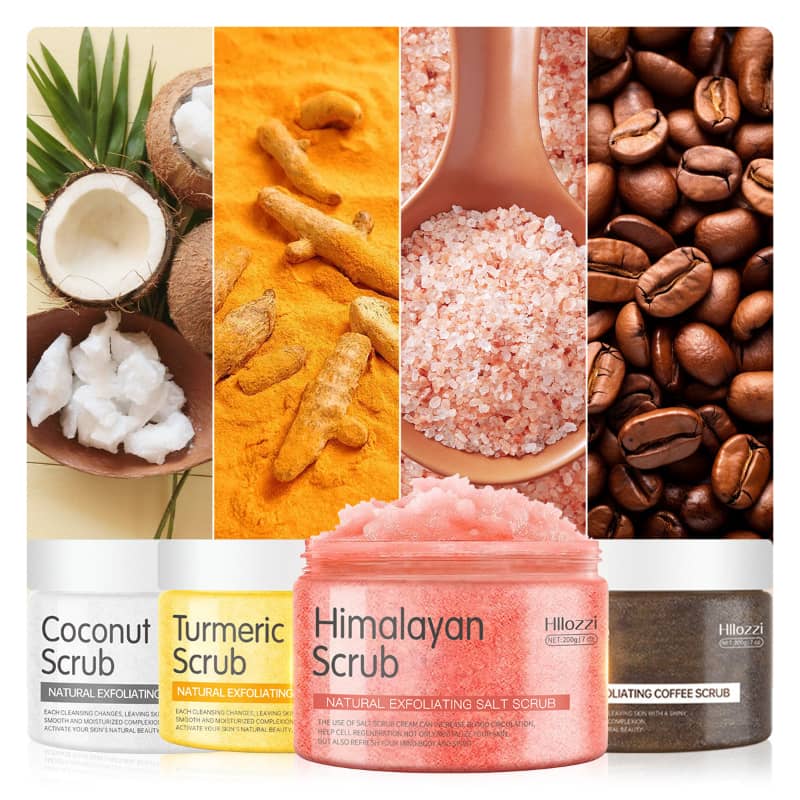 Collection of natural exfoliating scrubs with ingredients and packaging.