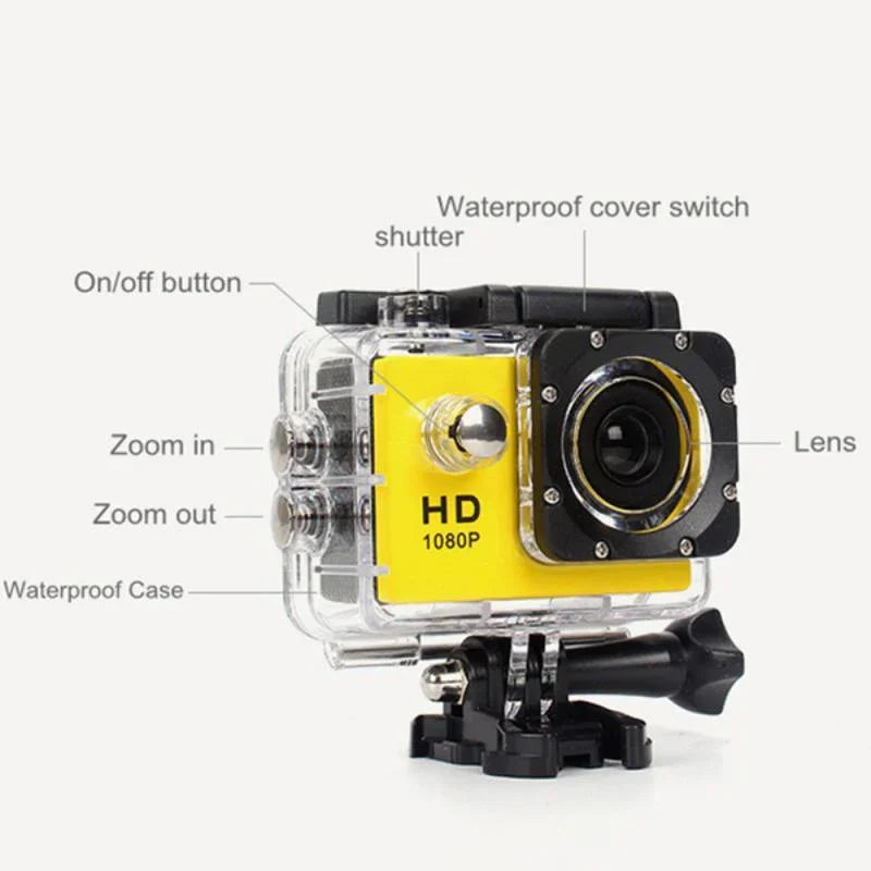 Yellow HD 1080P waterproof action camera with labeled buttons and lens features
