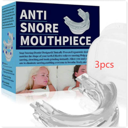 Anti Snore Mouthpiece set including a dark blue retail box, three clear transparent mouthpieces, and a red '3pcs' 