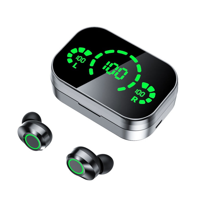 Wireless earbuds with a charging case displaying battery levels on a white background