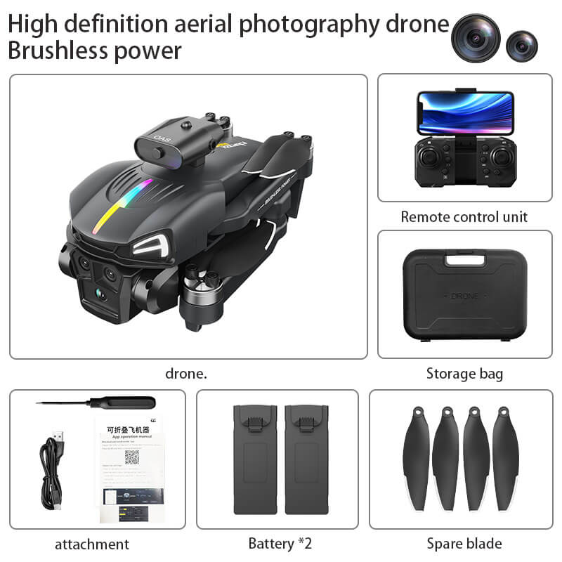 High definition aerial photography drone with remote control unit, storage bag, attachment, batteries, and spare blades on a white background.