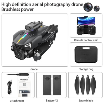 High definition aerial photography drone with remote control unit, storage bag, attachment, batteries, and spare blades on a white background.