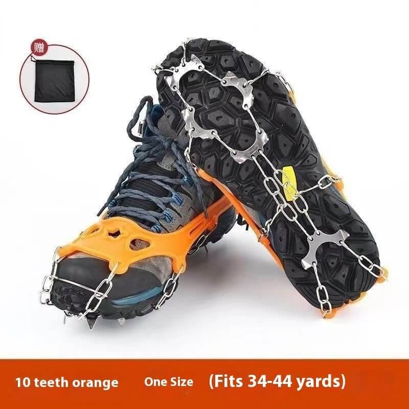 Outdoor shoe with orange traction ice cleats, 10 teeth anti-slip spikes, hiking gear