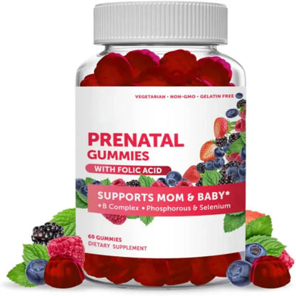 Prenatal gummies dietary supplement bottle with berry flavors, supports mom and baby health