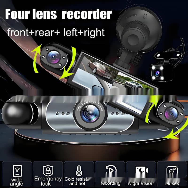Four lens recorder with front, rear, left, and right camera views on a dark background.