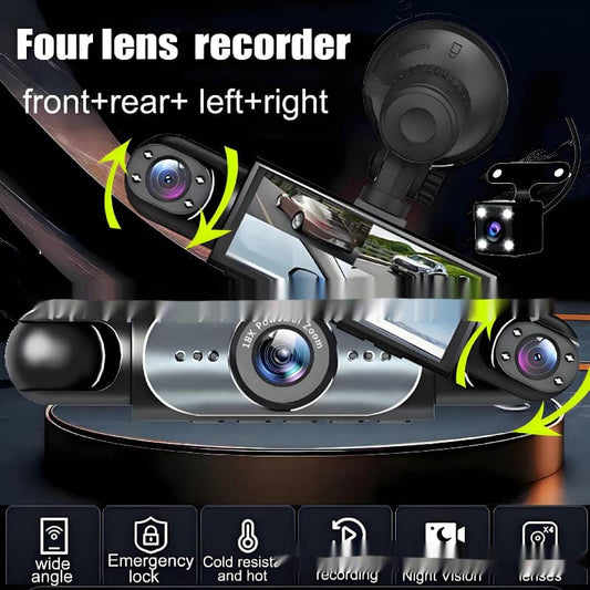 Four lens recorder with front, rear, left, and right camera views on a dark background.