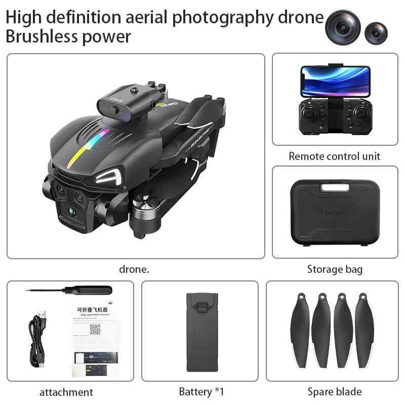 High definition aerial photography drone with remote control unit, storage bag, attachment, battery, and spare blade on a white background.