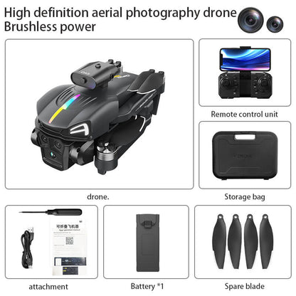 High definition aerial photography drone with remote control unit, storage bag, attachment, battery, and spare blade on a white background.