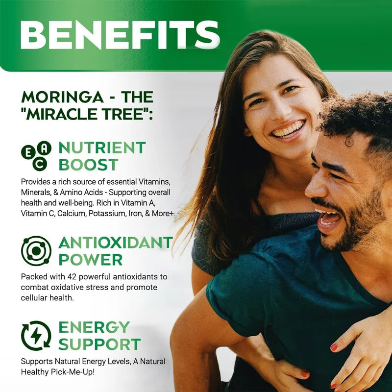 Advertisement for Moringa with a couple embracing and text about its benefits.