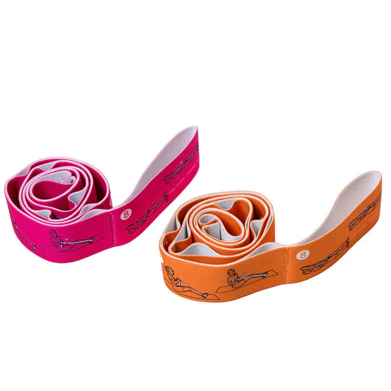 Two resistance bands, one pink and one orange, with exercise illustrations on a white background.