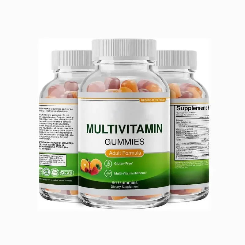 Three bottles of multivitamin gummies on a white background