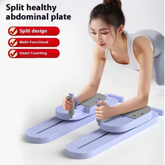 Woman using split design abdominal exercise board for core and fitness training indoors
