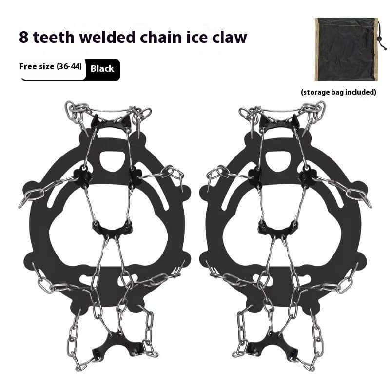 Pair of black 8-teeth chain ice cleats for shoes with storage bag, size 36-44.