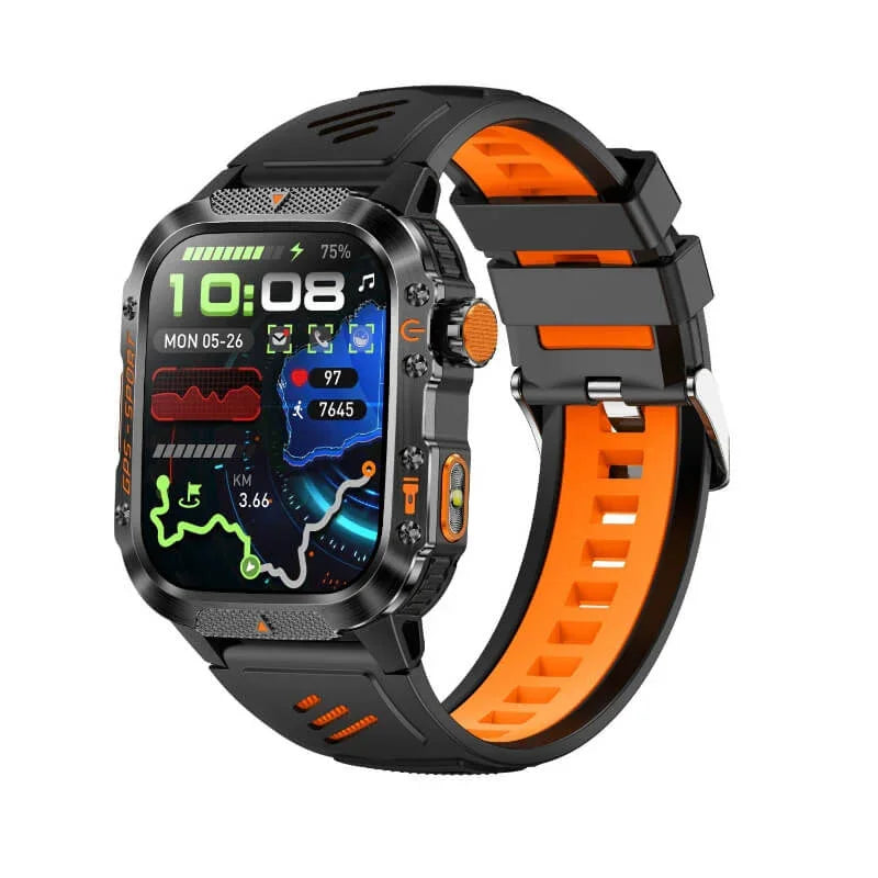 Rugged smartwatch with GPS tracking, fitness stats, and black orange silicone strap