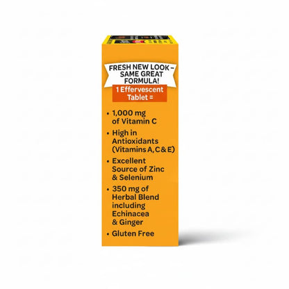 Effervescent tablet box listing Vitamin C, antioxidants, zinc, selenium, echinacea, gluten free.