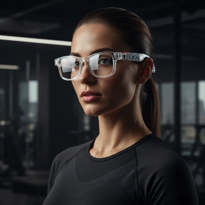 A woman with her hair in a ponytail wearing clear-framed glasses with ornate silver-toned temples, set against a dark, blurred gym background.