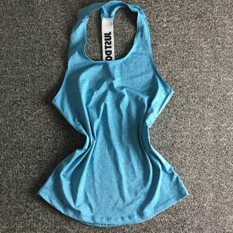 Blue athletic racerback tank top for women, ideal gym and fitness apparel on gray background