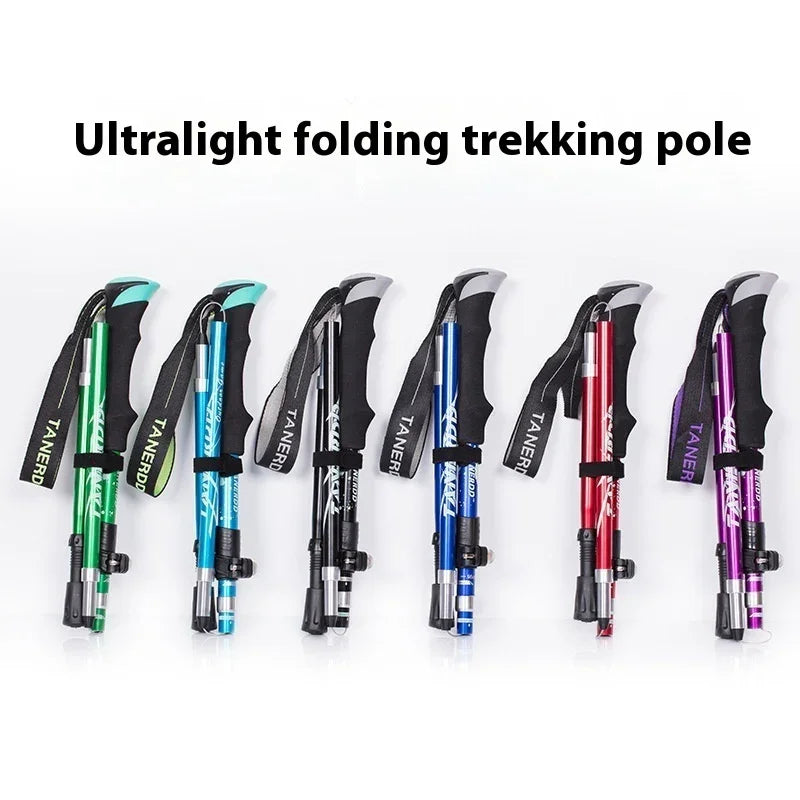 Ultralight folding trekking poles in green, black, blue, red, and purple for hiking