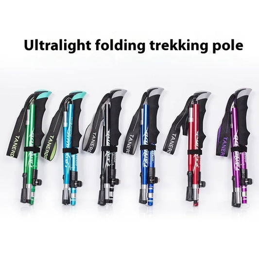 Ultralight folding trekking poles in green, black, blue, red, and purple for hiking