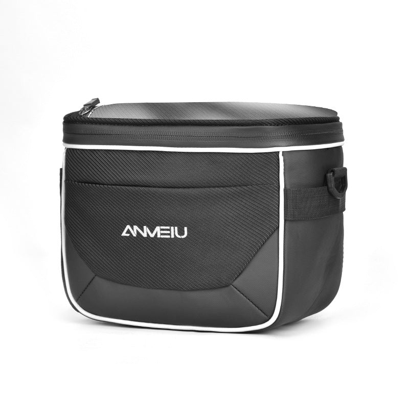 Black cooler bag with white zipper and 'ANMEIU' branding on a white background