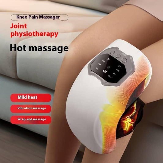 Knee pain massager being used on a person's knee with text highlighting features.