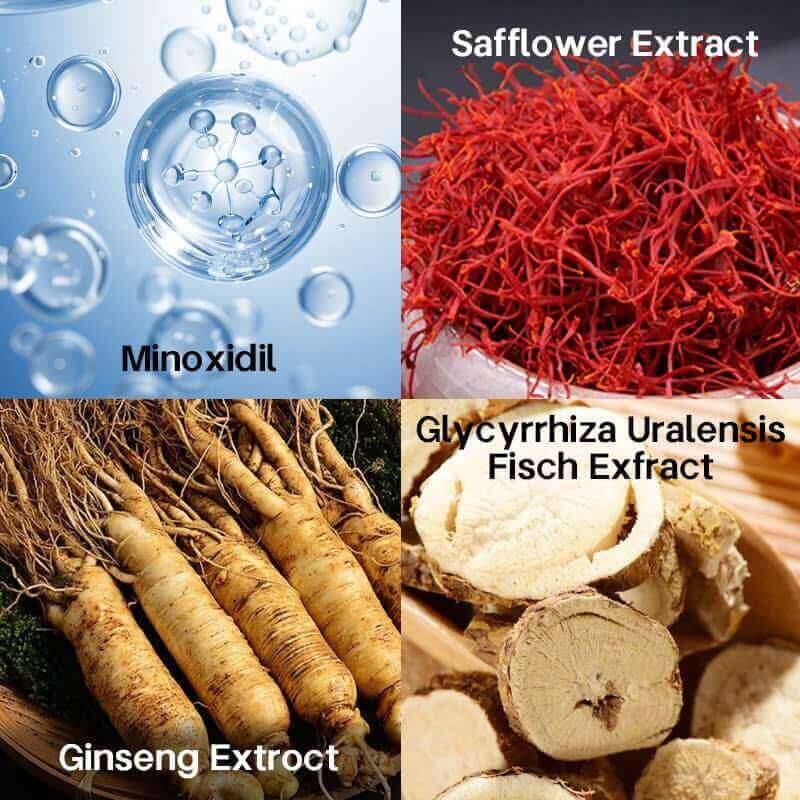 Four images showing Minoxidil, Safflower Extract, Ginseng Extract, and Glycyrrhiza Uralensis Fisch Extract.
