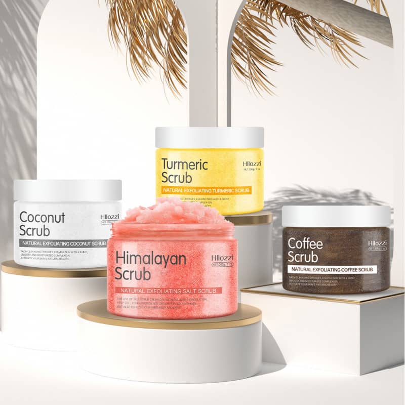 Collection of scrub jars with visible branding on a neutral background