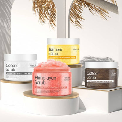 Collection of scrub jars with visible branding on a neutral background