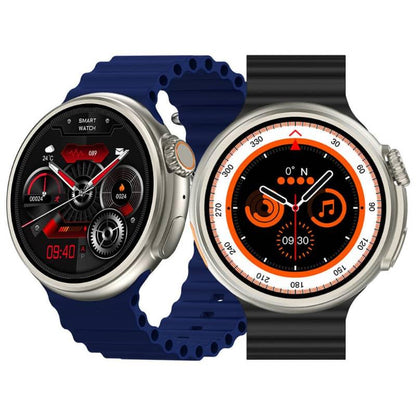 Two smart fitness watches with round dials, activity tracking displays, blue and black straps